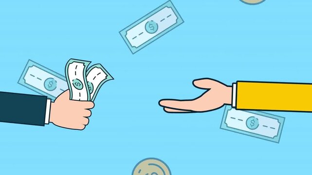 Hand giving money to outstretched hand on blue background payment transaction
