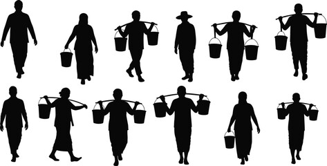 Silhouette of people carrying buckets, rural workers walking with water containers, agricultural labor, daily life, teamwork, hard work concept illustration