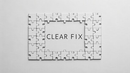White Puzzle Frame with Clear Fix Text Center on Light Background