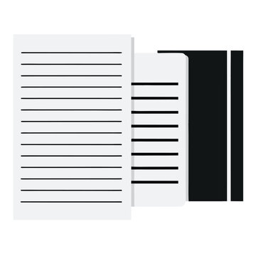 A minimalist illustration of stacked lined paper sheets and a black folder, representing documents and organization.