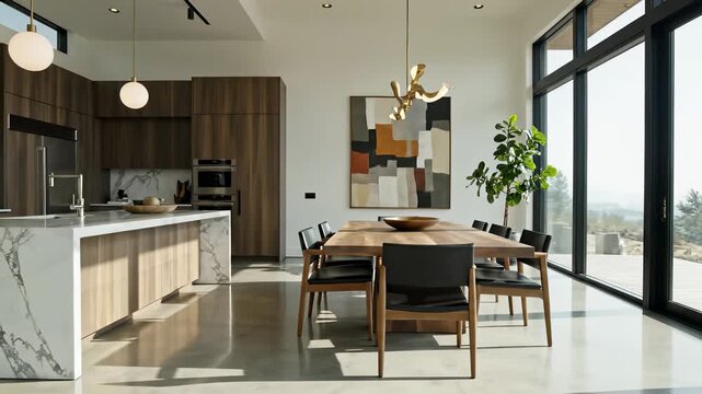Modern kitchen set with marble island and dining table, capturing the essence of new professionalism (Nep), perfect for cooking show backgrounds or high end restaurant advertisements featuring.