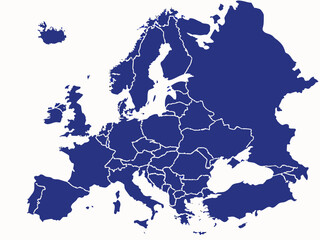 Detailed Blue Europe Map with Country Borders on White Background Illustration