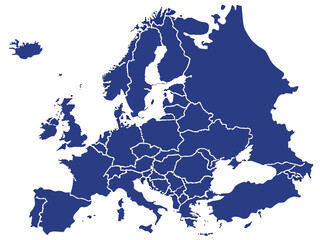 Detailed Blue Europe Map with Country Borders on White Background Illustration