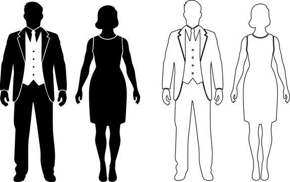 Figures of a man and woman standing side by side in full body view Black silhouette 