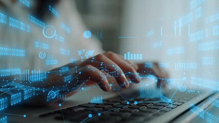 Laptop user interacting with data analysis graphics showcasing modern technology. Focus on hands typing with vibrant digital overlays highlighting data visualization. Xenic - Powered by Adobe