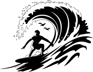 A male surfer riding a large, powerful ocean wave silhouette