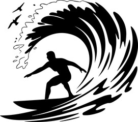 A male surfer riding a large, powerful ocean wave silhouette
