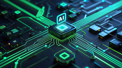 Futuristic AI workflow automation system with interconnected nodes, triggers, and data flow sleek artificial intelligence dashboard interface showing coding icons, analytics, and automation processe