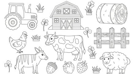 Vector set of cute farm animals and agricultural elements for a coloring book. Outline illustrations of a cow, sheep, tractor, and barn isolated on white