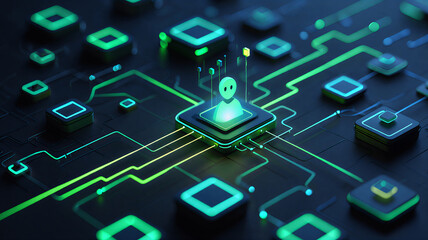 Futuristic AI workflow automation system with interconnected nodes, triggers, and data flow sleek artificial intelligence dashboard interface showing coding icons, analytics, and automation processe