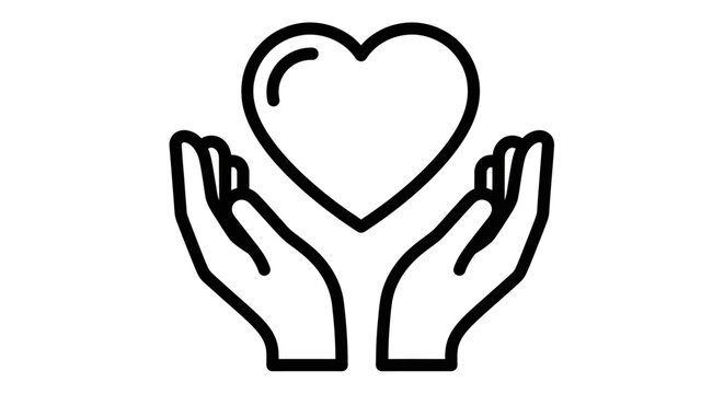 Minimalist line art icon of hands holding a heart, symbolizing love, charity, and compassionate care