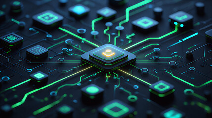 Futuristic AI workflow automation system with interconnected nodes, triggers, and data flow sleek artificial intelligence dashboard interface showing coding icons, analytics, and automation processe