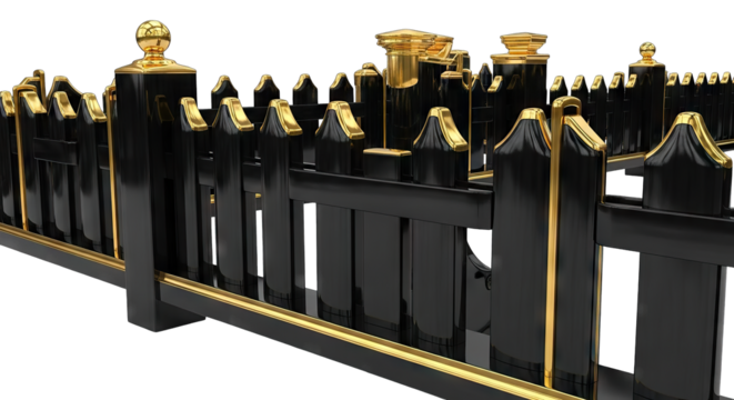 Elegant Black Fence with Golden Accents in a Bright Setting.