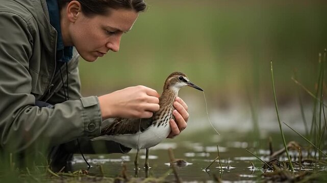 Researcher tagging wild bird for environmental study in natural wetland habitat