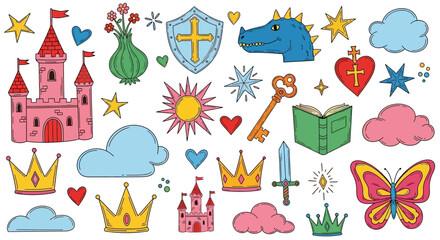 A whimsical set of hand-drawn fairy tale doodles. Collection of cute illustrations with a princess castle, dragon, crown, and magic elements © Hussnain