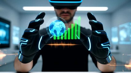 Man using virtual reality gloves to manipulate a digital globe and data visualization in a tech lab - Powered by Adobe