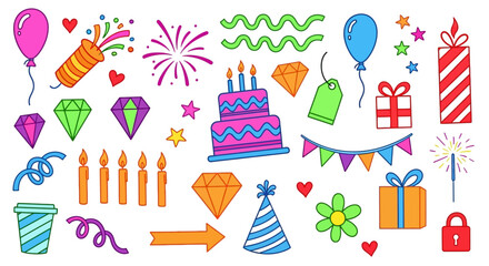 Colorful set of hand-drawn birthday party elements. A festive collection of doodle-style icons like cake, presents, and decorations for celebration design