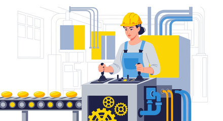 Woman engineer in a safety helmet controlling an automated production line machine in a modern factory. Industrial manufacturing vector illustration
