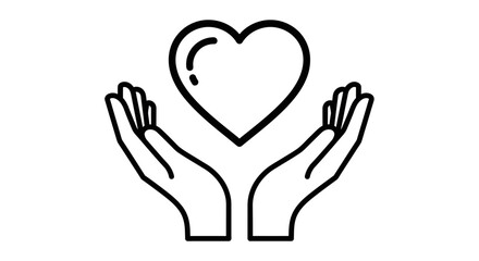 Vector icon of open hands carefully holding a heart, a simple line art concept representing love, charity, health, wellness, and social care