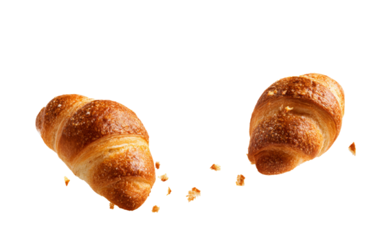 Fresh croissants with golden flaky crust and crumbs isolated on transparent background