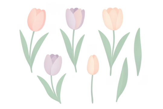 Pastel tulip flowers blooming with green leaves