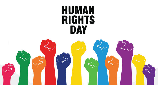 Colorful raised fists for Human Rights Day represent unity and fight for freedom