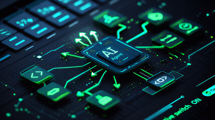 Futuristic AI workflow automation system with interconnected nodes, triggers, and data flow sleek artificial intelligence dashboard interface showing coding icons, analytics, and automation processe
