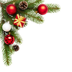 Pine Corner with Ornaments and Gift – Elegant, Festive Holiday Frame for Greetings and Design

