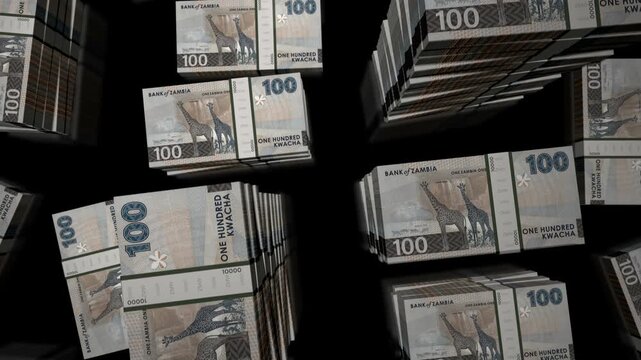 Zambia kwacha Zambian money notes packs loop. 3D flight over 100 ZMW banknotes stacks towers. Loopable seamless abstract background concept of business, economy crisis and finance.