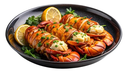 Succulent Grilled Lobster Tails on a plate in a bowl over a white background and Transparent Background