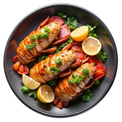 Succulent Grilled Lobster Tails on a plate in a bowl over a white background and Transparent Background