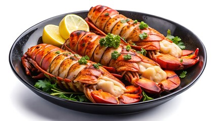 Succulent Grilled Lobster Tails on a plate in a bowl over a white background and Transparent Background