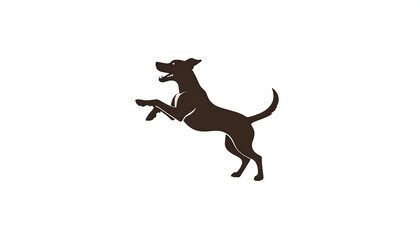 Obraz premium A silhouette of a leaping dog, depicted in a dark brown color, is centered against a pristine white background. The dog is positioned in mid-air