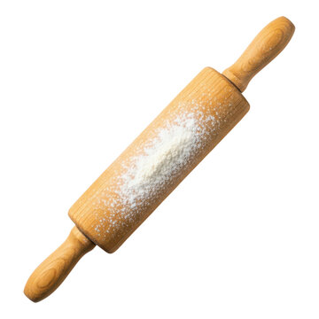 Wooden rolling pin with flour isolated on transparent background, top view