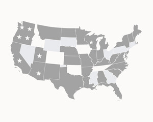 United States Map with Selected States Highlighted and Stars Indicating Specific Locations within Those States