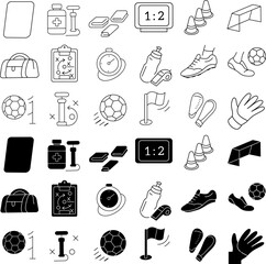 Soccer Training Equipment Icon Set. Containing Ball, Gloves, Stopwatch, Cones, and Scoreboard.