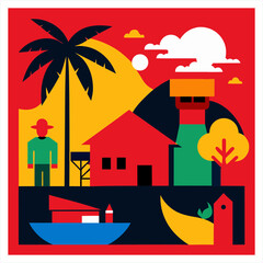 Vector illustration of a vibrant colorful village scene with houses and green rolling landscape