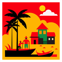 Vector illustration of a vibrant colorful village scene with houses and green rolling landscape