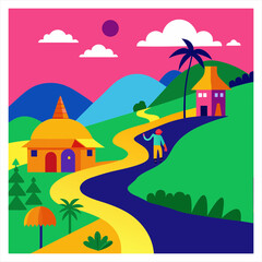 Vector illustration of a vibrant colorful village scene with houses and green rolling landscape