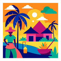 Vector illustration of a vibrant colorful village scene with houses and green rolling landscape