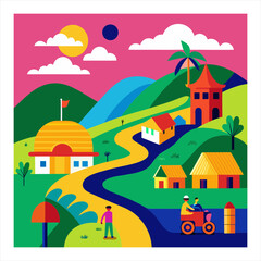 Vector illustration of a vibrant colorful village scene with houses and green rolling landscape