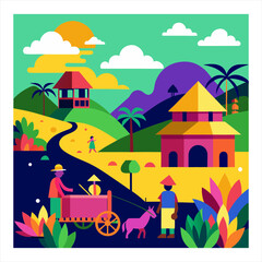 Vector illustration of a vibrant colorful village scene with houses and green rolling landscape