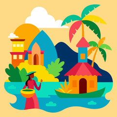 Vector illustration of a vibrant colorful village scene with houses and green rolling landscape