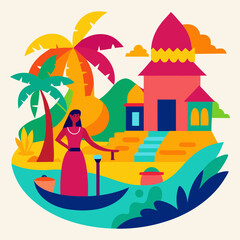 Vector illustration of a vibrant colorful village scene with houses and green rolling landscape