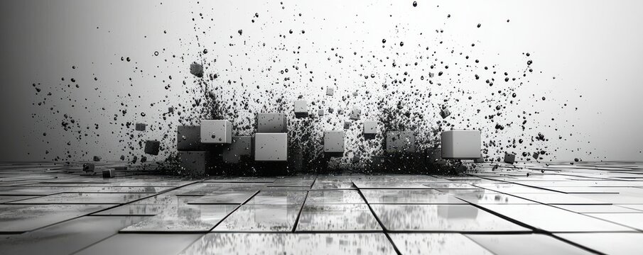 Abstract 3D black and white wallpaper with dynamic cubes and gray color explosion