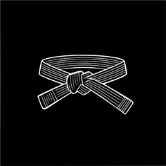 Illustration of a white martial arts belt tied in a knot on a solid black background in a simple style