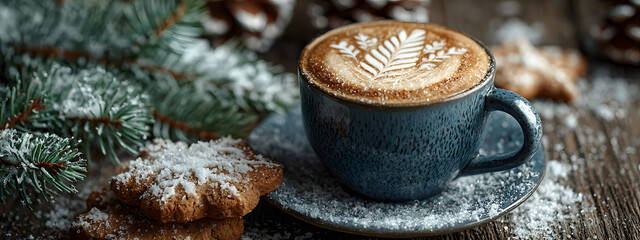 Cup of coffee with snowflake latte art beside gingerbread cookies and frosted pine branches on a snow-dusted wooden surface