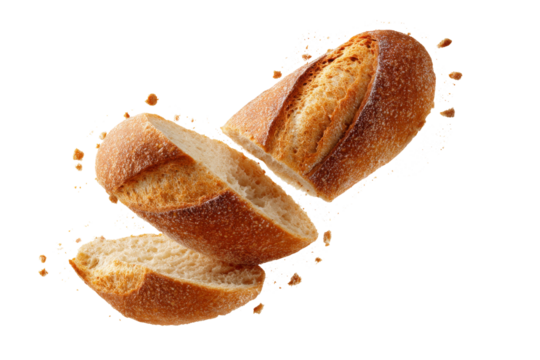 Fresh sliced baguette bread with golden crust and crumbs isolated on transparent background