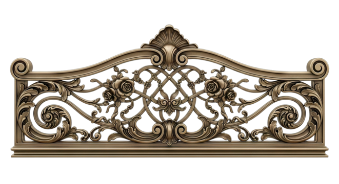 ornate decorative metal scrollwork panel with floral motifs.