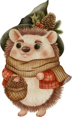Cute watercolor hedgehog in a witch hat with basket, pinecones, and holly leaf on white background &mdash; perfect for Christmas or Halloween cards and seasonal designs